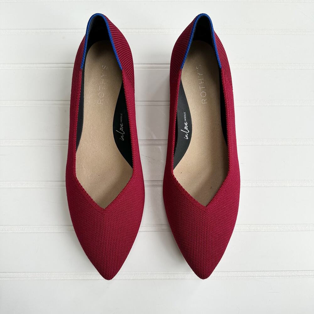 Rothy's Pointed Toe Low Block Heel Pumps in Burgundy with Blue Trim - Picture 2 of 8